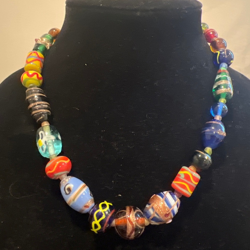 Vtg Style Art Glass Lampwork Bead Necklace Multicolor Chunky Statement 17in
